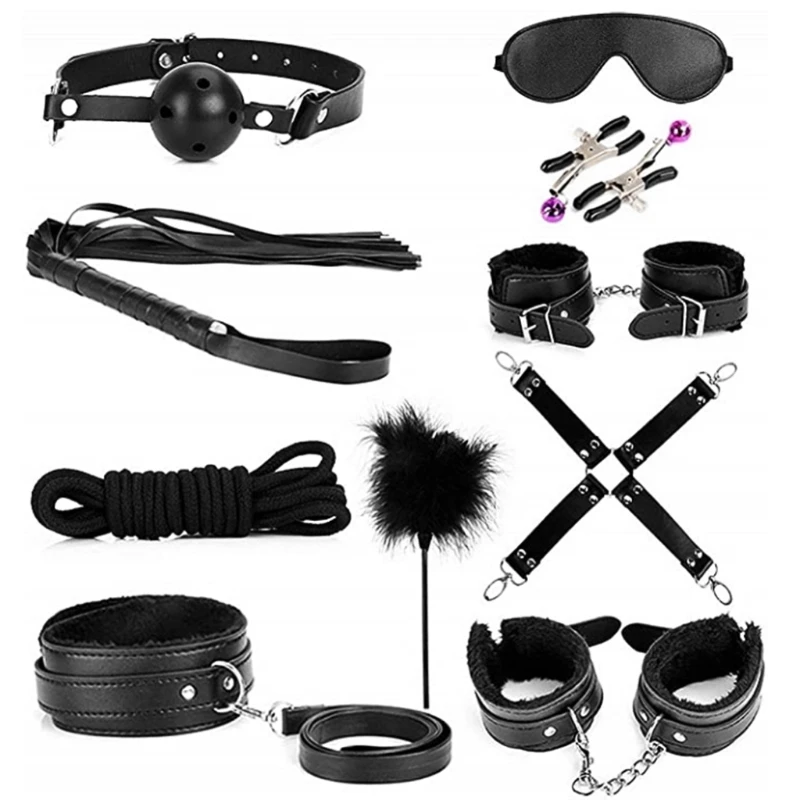 

10Pcs Faux Leather Handcuffs Bondage Kit Ankle Cuff Blindfold Whip Erotic Toy XXFD