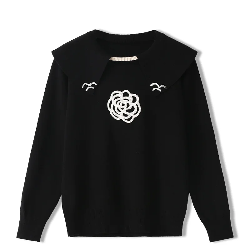 

2021 Autumn Winter Sweaters Women's Long-Sleeve Casual High-street Lotus Leaf Collar Beaded Flower Lady Pullover Slim Knit Top