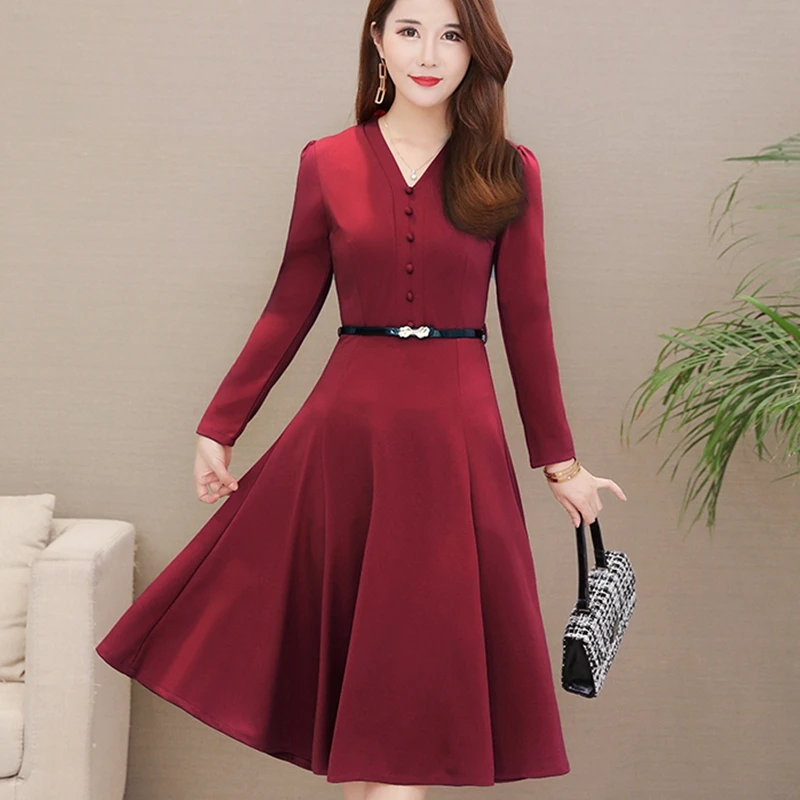 2019 осенне зимнее платье с длинными рукавами женское винтажное тонкое офисное