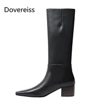 dovereiss fashion womens shoes winter new elegant slip on white pointed toe chunky heels knee high boots concise mature 34 40