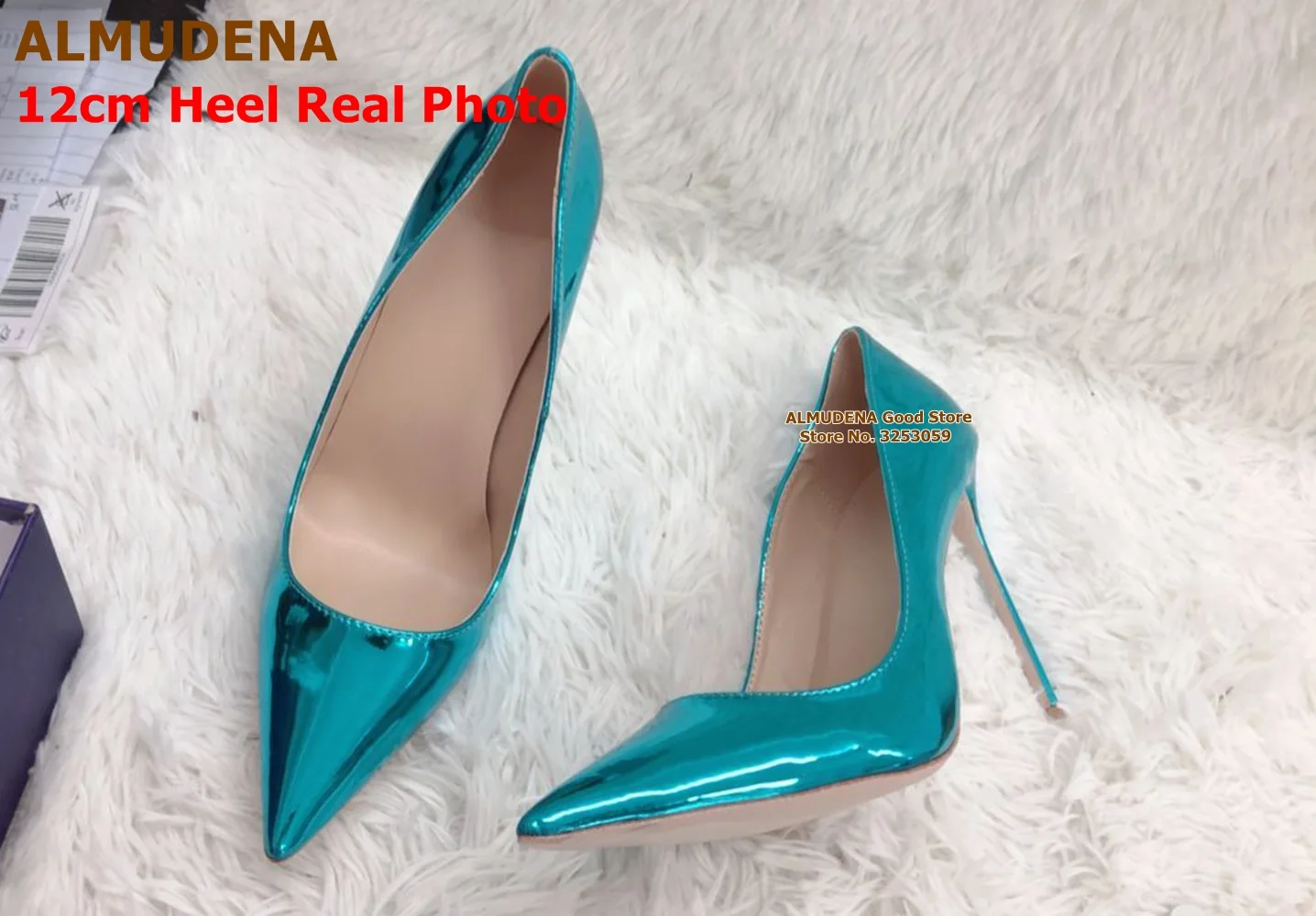 ALMUDENA Blue-green Mirrow Leather Pointed Toe Shoes 12cm Thin High Heels Pointed Toe Shallow Dress Pumps Luxury Bride Footwear