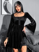 nanxi black velvet vintage dresses for women lace patchwork flare sleeve square collar a line mini dress punk gothic clothes