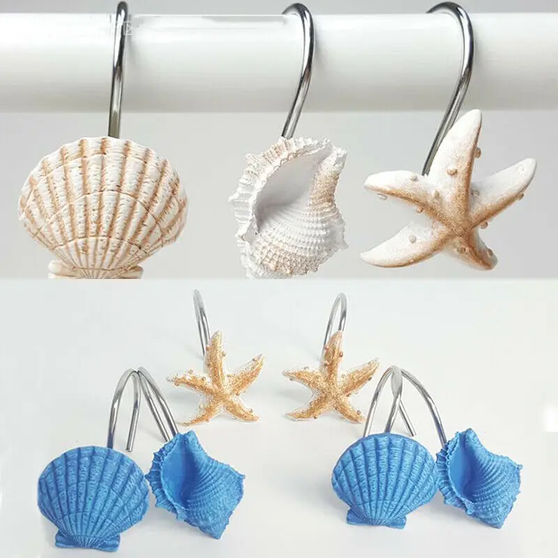 12 шт. Seashell крючки для занавески для душа Ванная комната Пляж Оболочка Декор Смола декоративная штора крючки дом, отель, ванная комната оболочки крюк
