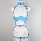 Женское сексуальное бондажное белье из искусственной кожи, синее бондажное белье, костюм, фетиш, подвязки, пояс, готические подвязки, одежда на бретельках, боди, нижнее белье