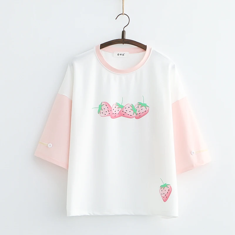 

Mori Girl Kawaii Sweet Strawberry Print T-shirt Women Short Sleeve Cute Tees Tops Girls Japanese Cotton Summer White Shirt