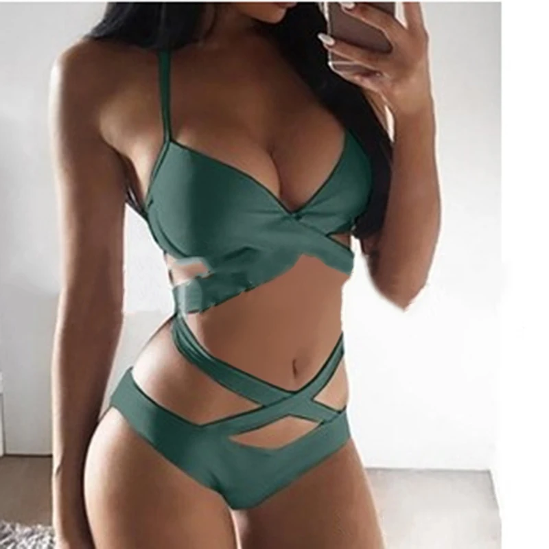 

Bikini Set Women 5 Colors Cross Bandage Swimsuit Sexy Push Up Swimwear Mid Waist Bathing Suit Halter Bikinis Suit Beach Swim