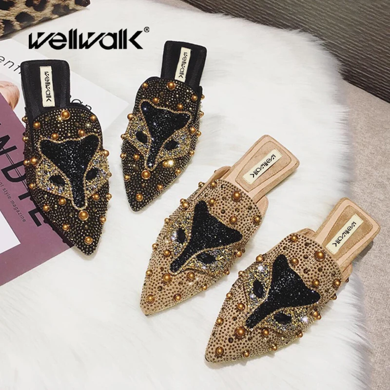 Туфли женские без шнуровки лоферы со стразами лиса заостренный носок заклепки