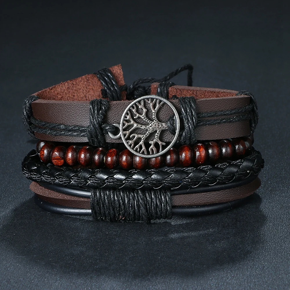 

IFMIA 3/4Pcs/ Set Braided Wrap Leather Bracelets for Men Vintage Life Tree Rudder Charm Wood Beads Ethnic Tribal Wristbands