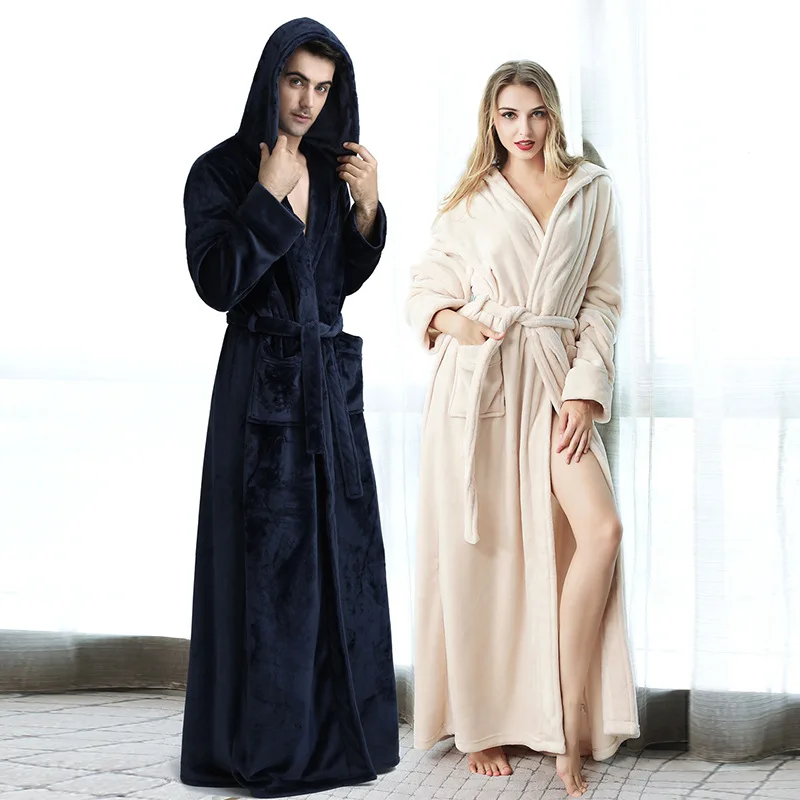 

Plus Size Women Men Fur Neck Thick Warm Long Flannel Bathrobe Kimono Bath Robe Winter Peignoir Dressing Gown Bridesmaid Robes