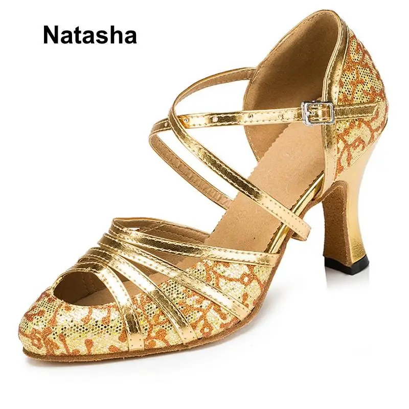 Новая обувь для латиноамериканских танцев взрослых Natasha черные золотые туфли