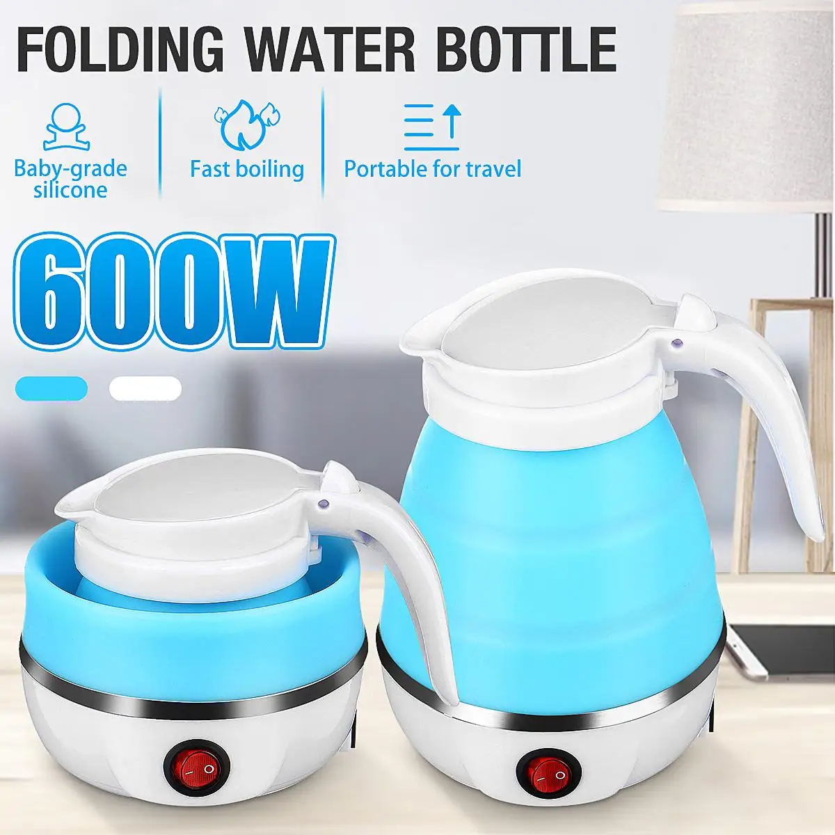 

600ML 600W Electric Foldable Kettle Collapsible Silicone Travel Folding Water Boiler