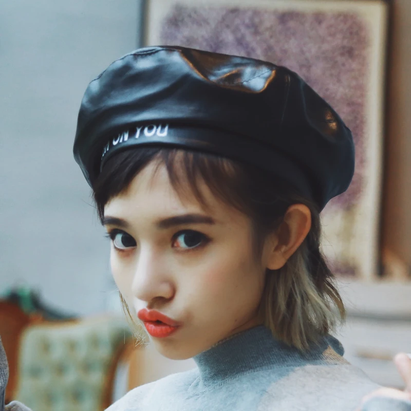 

Leather Beret Women Black Pu Leather Flat Cap Hat Letters Female Beret Painter Cap Ladies Boina Feminina Gorras Winter Hats