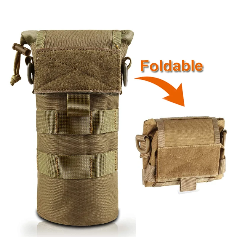 Tactcail Molle Foldable Water Bottle Pouch Adjustable Drawstring Kettle Holder Bag Travel Hydration Carrier with Mesh Bottom