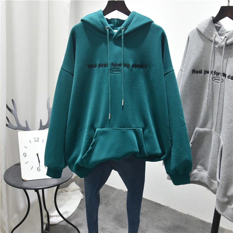 

Winter Hooded Thickened Fleece-Lined Sweatshirt Women Long Sleeve Korean Style Simple Loose Oversized Fat Hiding Coat Fashion