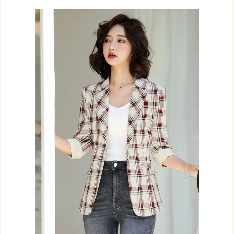 Женский винтажный блейзер в клетку с одной пуговицей осенние куртки карманами