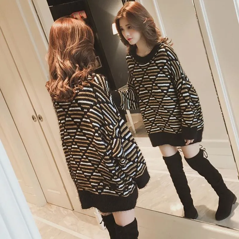 Autumn And Winter New Korean Version Of The Long Section Loose Hooded Mohair Net Red Striped Sweater Women's Clothing | Женская