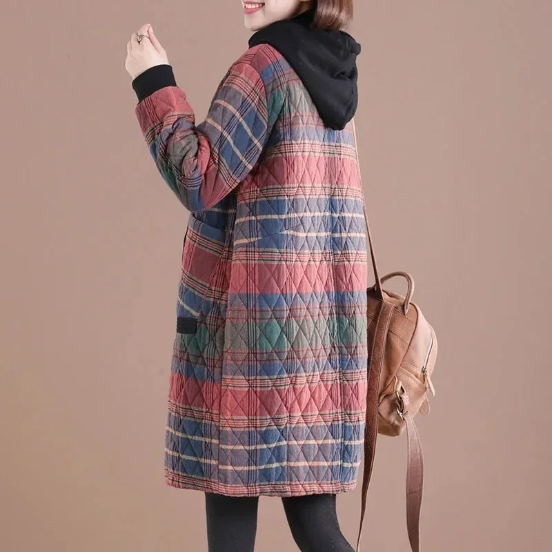 2021 Women Winter Clothing New Korean Loose Cotton Coat Fat MM Was Thin Plaid Hooded Coat Female Mid-length Cotton Jacket A421