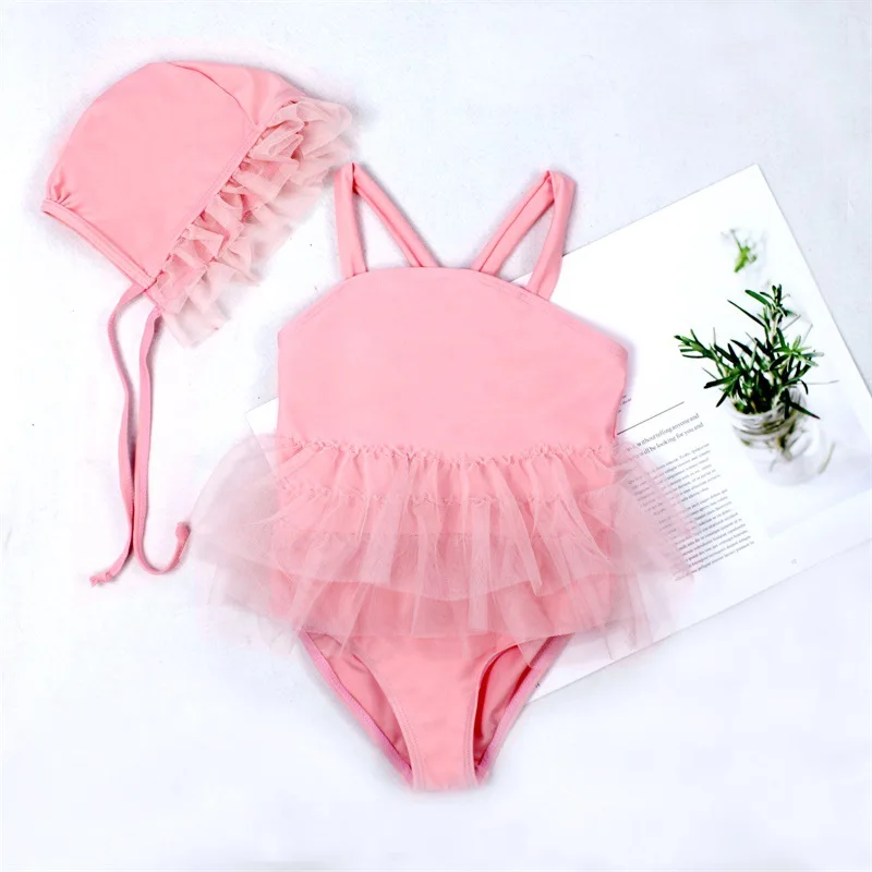 

CANIS Baby Girl Swimsuit, Romper Dress, Lace Hem No-Sleeve Sling Beach Clothes Summer, Lace Up Swimming Cap
