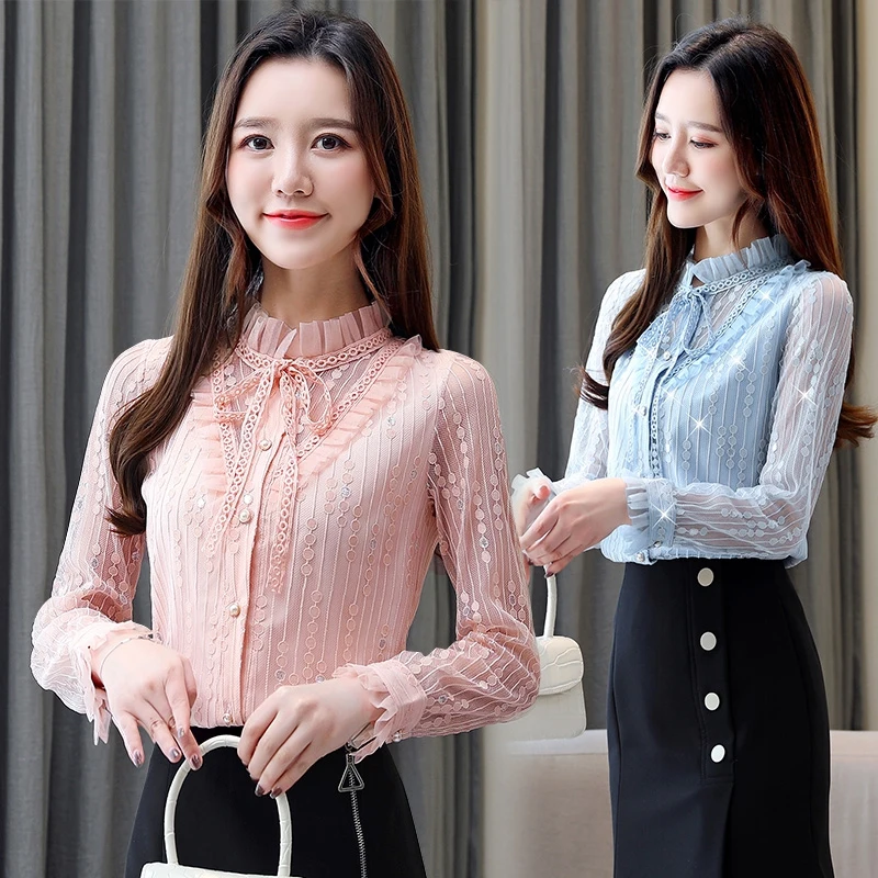 Корейская мода кружевные женские блузки для офиса белые рубашки размера плюс XXL