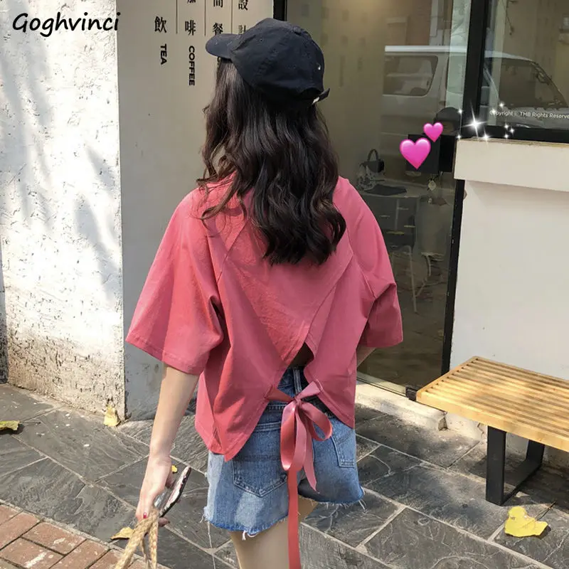 

Design Backless Short Sleeve T-shirts Women Irregular Bow Top-tees Sexy All-match O-neck Summer Elegant Mujer Streetwear Ulzzang