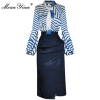 moaayina 2021 fashion designer summer office skirts suit womens long sleeve stripe tops and slim midi skirts 2 pieces set