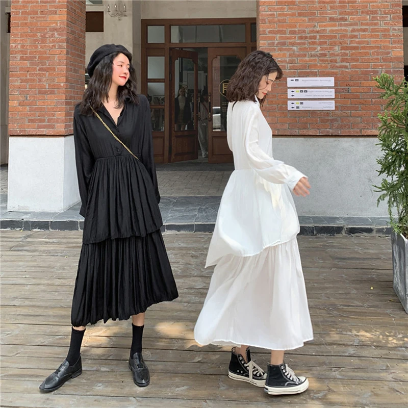 Women Solid Dress Harajuku Pleated Ladies Midi Casual A-Line Chic Fashion High Waist Turn-down Collar Sweet | Женская одежда