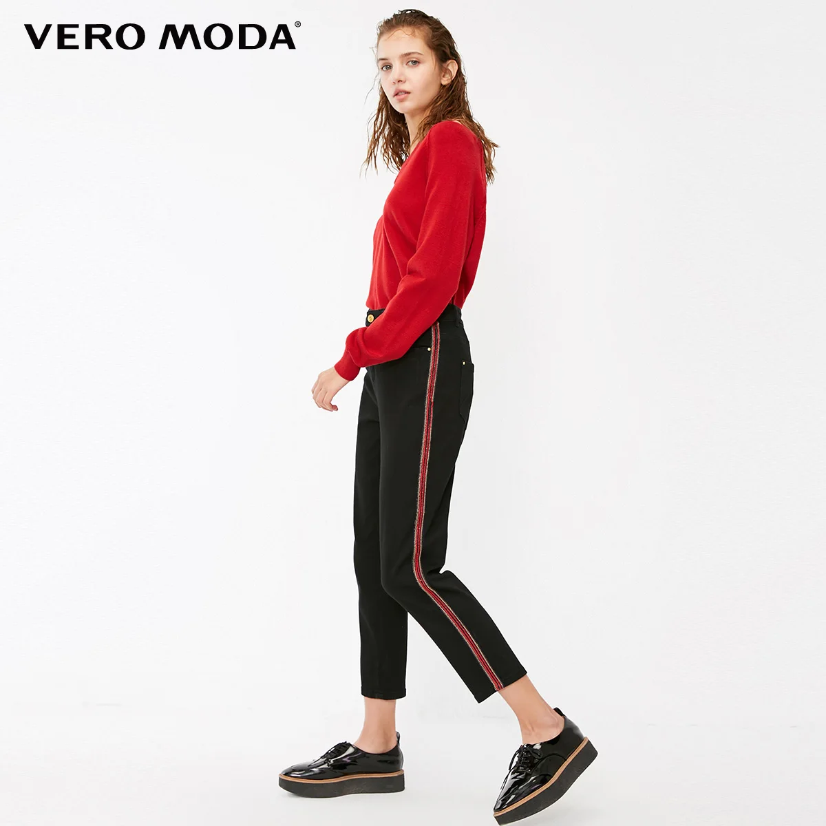 Vero Moda Новые поступления BF стиль боковые полоски прямые джинсы потертые | 318349577