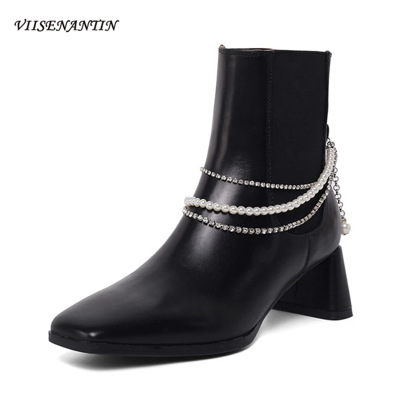 

Съемные короткие сапоги Стразы с жемчугом на цепочке, модные сапоги на толстом каблуке, новые женские сапоги в Корейском стиле на среднем ка...