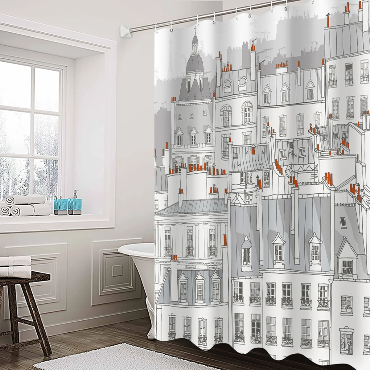 

House Window Chimney Shower Curtain Waterproof Polyester Fabric Shower Curtains Home Decoration Curtain with Hook