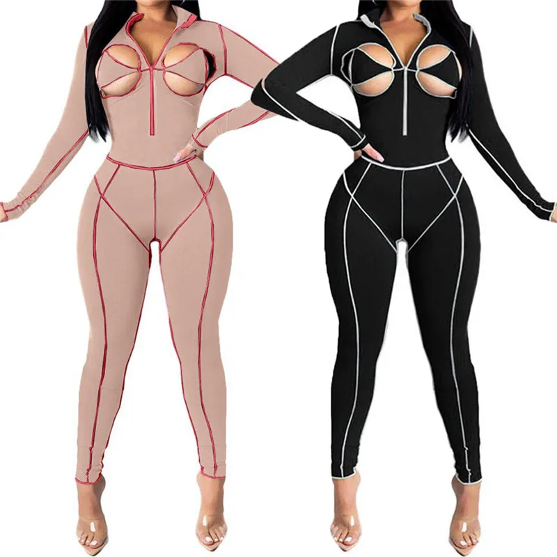 

WUHE Cut Out Bra Zipper Fly Skinny Bodycon Long Sleeve Jumpsuit Sexy Party One Piece Overall Romper Women Playsuits
