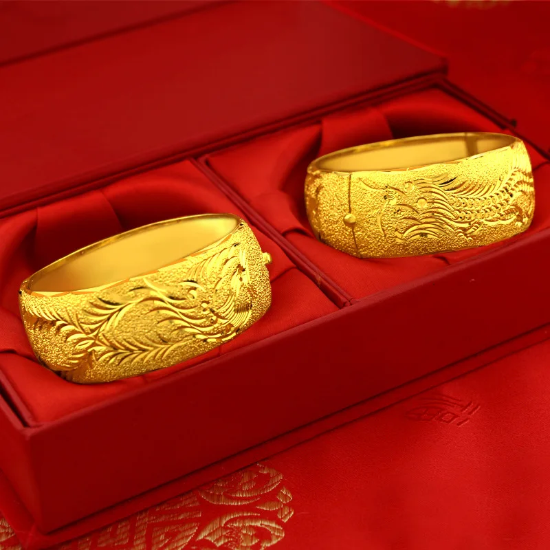 

Luxury 24K Yellow Gold Plated Bracelet Bangle for Women 25mm Wide Dragon Phoenix Bracelet Bridal Wedding Engagment Jewelry Gifts