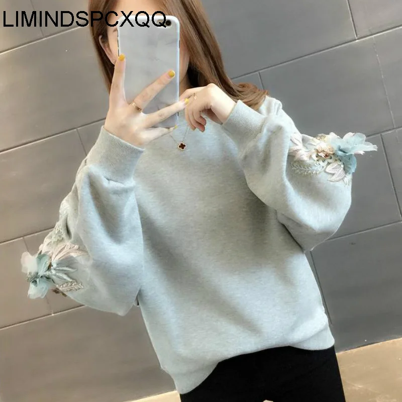 

Flower Embroidery Hoodies O Neck Long Sleeve Warm Sweatshirt Autumn Spring 2021 Solid Ladies Tops Thin Clothing Sudadera Mujer