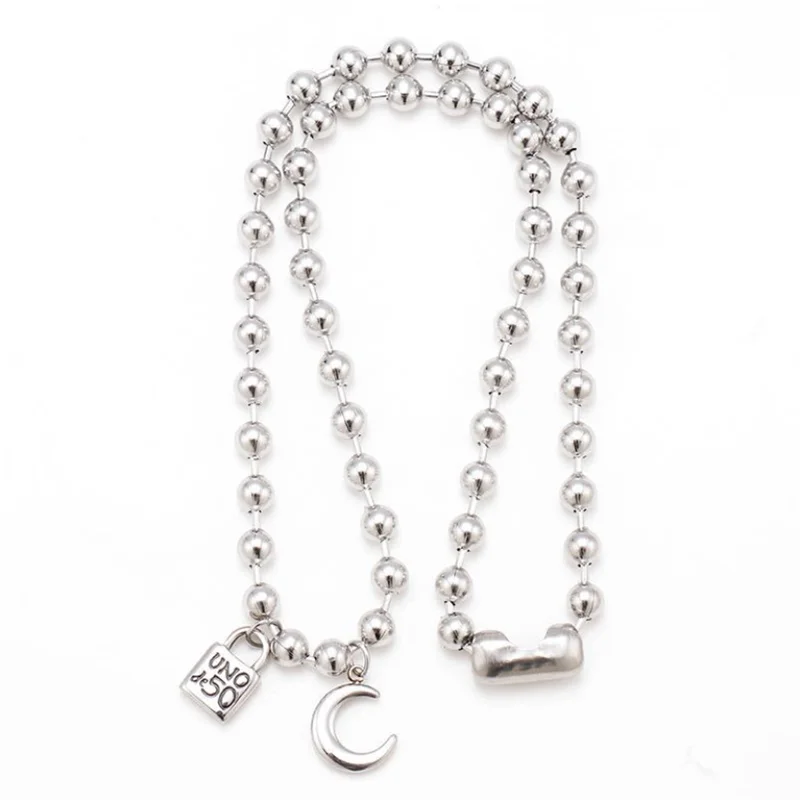

Fashion Stainless Steel Necklace Simple 6mm Bead Chain Lock Pendant Moon Woman Man Necklace UNO 50 Jewelry