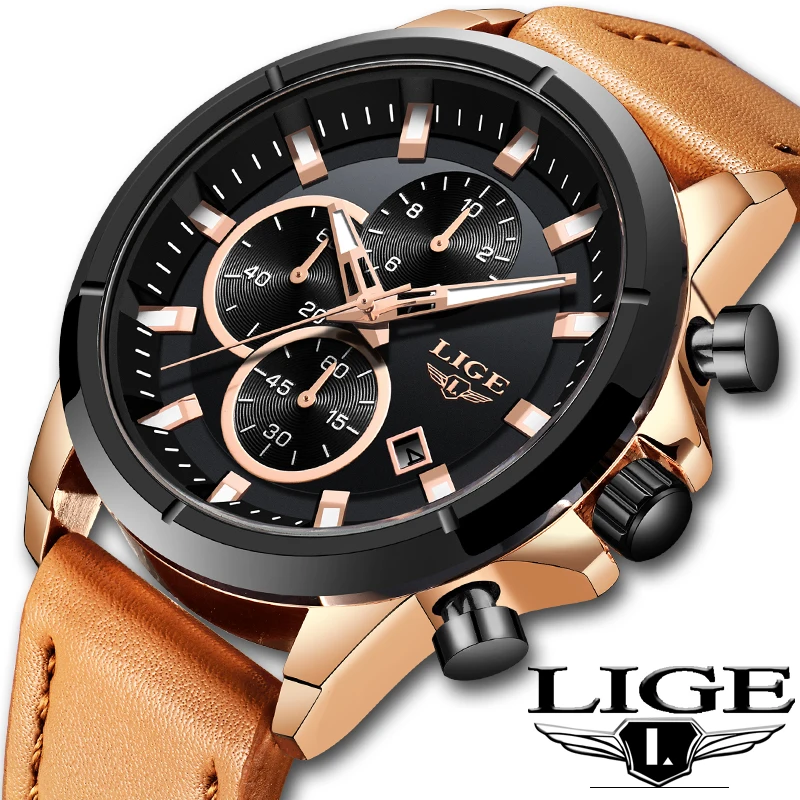 Часы наручные LIGE мужские с хронографом модные спортивные деловые