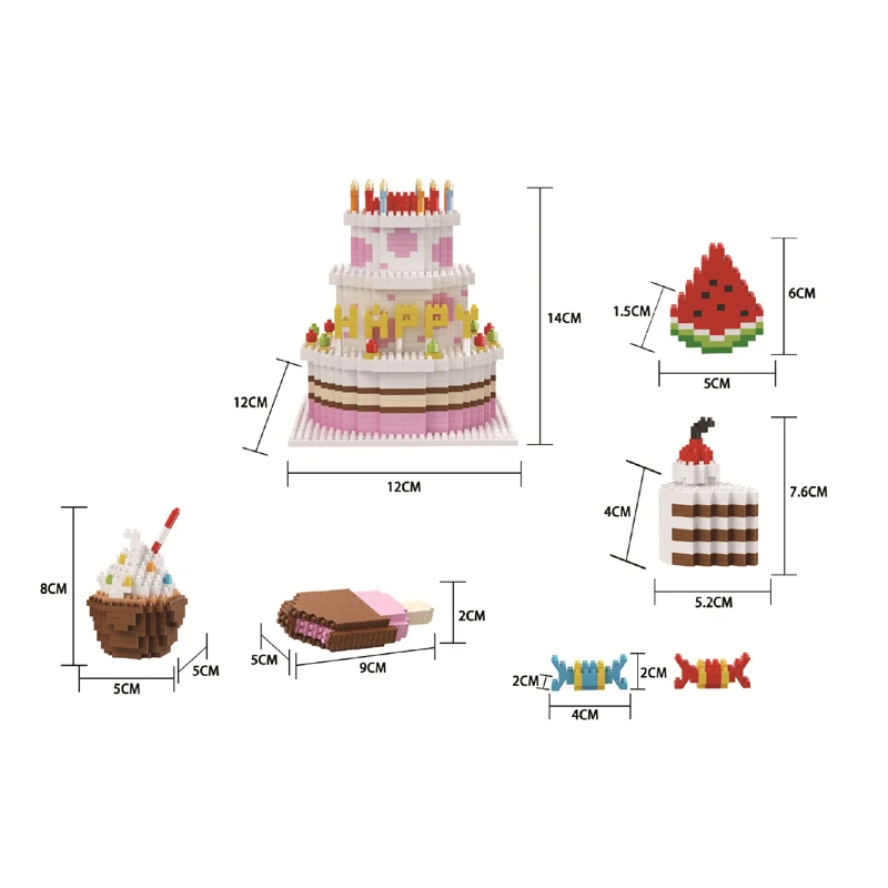 

ZRK 7806 Happy Birthday Gift Cake Candy Watermelon Ice Cream Popsicle 3D Model Mini Diamond Blocks Bricks Building Toy no Box