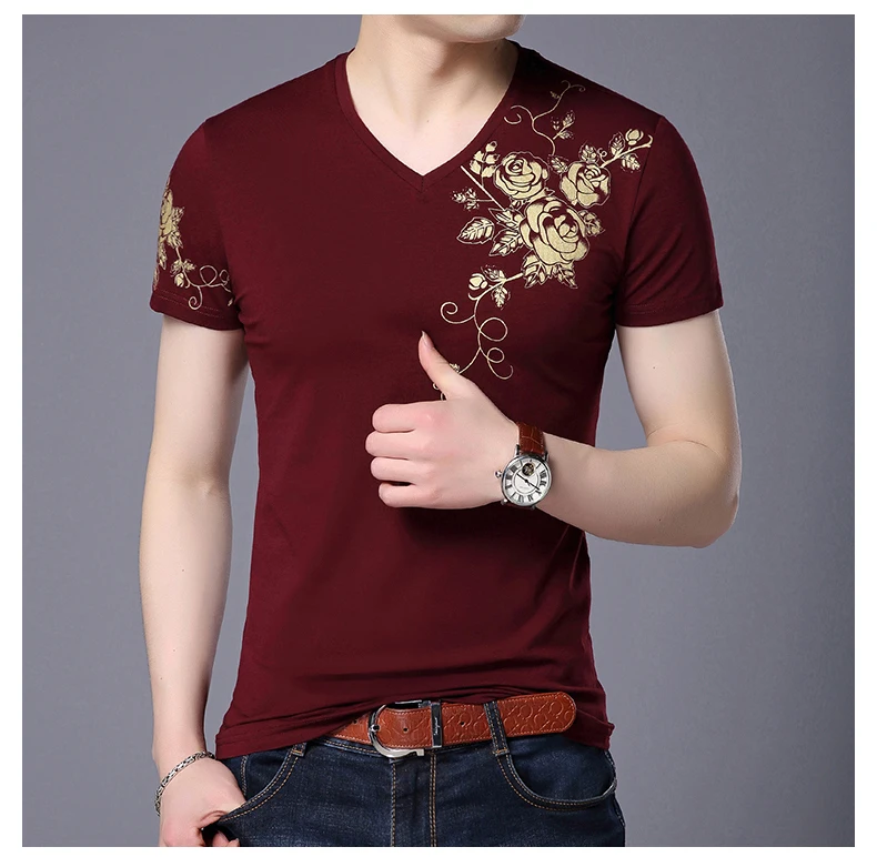 

Men's Short Sleeve T Shirt Fashion Slim Thin Summer Tops Tees Men V-neck Trend Printed flowers Half sleeve T Shirts 012