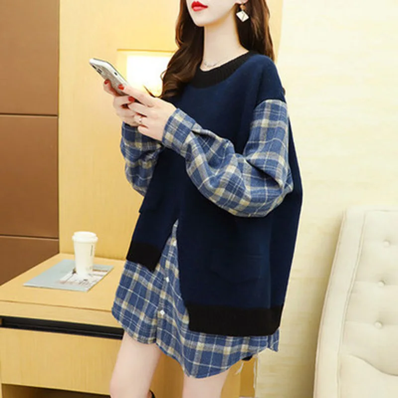 

IEQJ Stitching Fake Two Sweaters To Wear Loose Knit Topst New Round Neck Long Sleeve Women Fashion Tide Spring Autumn 2021