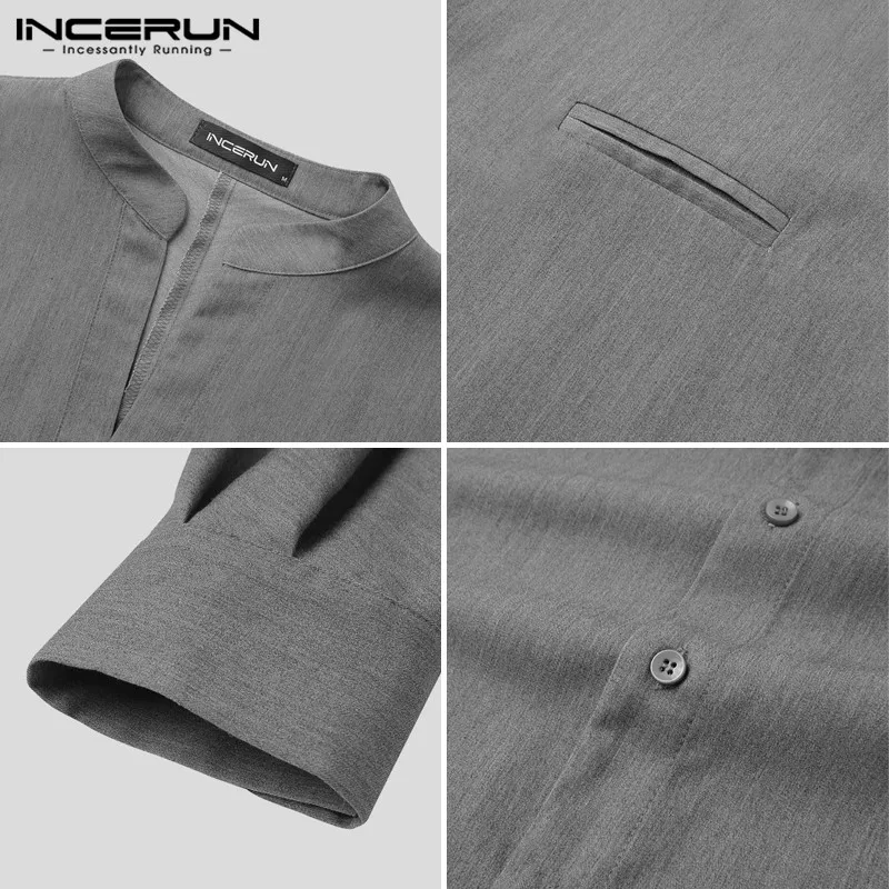 

Men Leisure Solid Color Shirts INCERUN Fashion Stand Collar Long Sleeve Camisa Man Loose Buttons Chemise Vintage Dress Shirt 5XL
