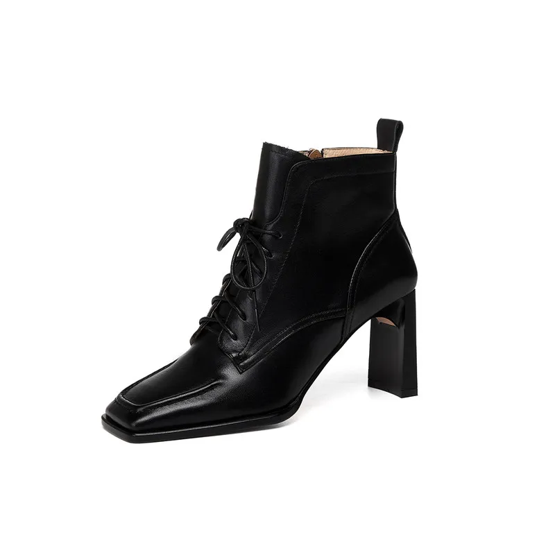 Online Asumer Sepatu Kulit Asli Model Baru 2021 Sepatu Bot Wanita Dengan Tumit Persegi Berenda Untuk Musim Gugur Musim Dingin Warna Hitam