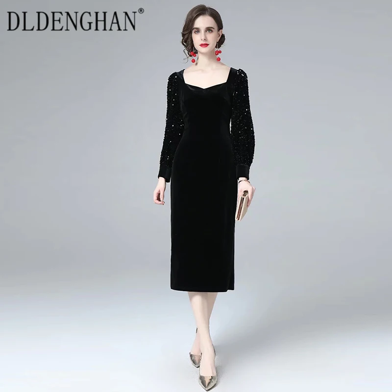 

DLDENGHAN Fashion Runway Designer Autumn Pencil Dress Women Square Collar Sequined Long Sleeve Vintage Velvet Dresses
