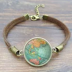 Кожаный браслет для мужчин и женщин, украшение в винтажном стиле с изображением карты мира, планеты, земли, стеклянного купола