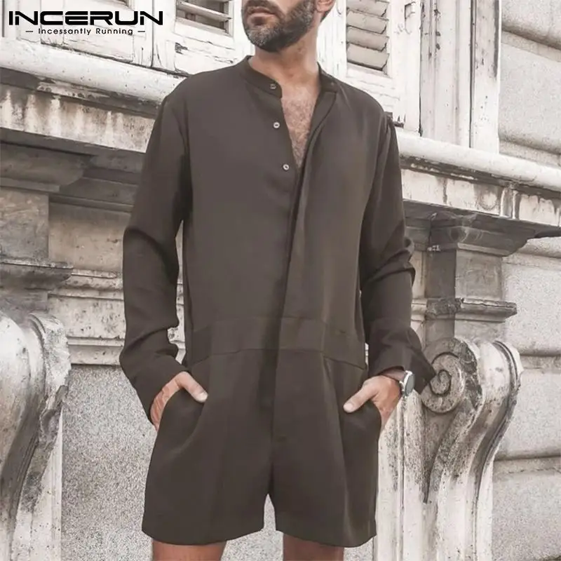 

Casual Streetwear Men Long Sleeve Onesies INCERUN Fashion Men's Solid Color Comeforable Junmpsuits Bib Pants Overalls S-5XL 2022