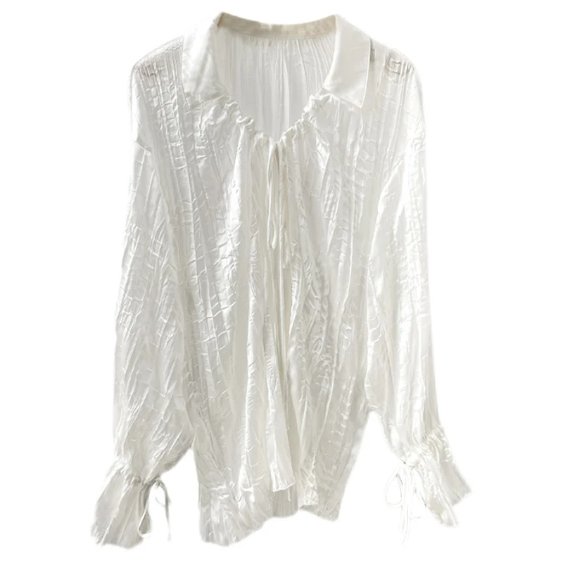 

[EAM] Women White Pleated Spliced Blouse New Lapel Long Flare Sleeve Loose Fit Shirt Fashion Tide Spring Summer 2021 1DE0679