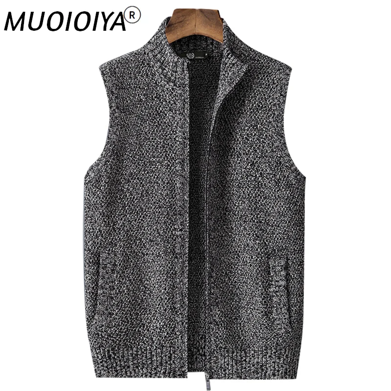 

Polyester Men Vest Cardigan Clothing Knitted Casual Stand Collar Zipper Knit wear Waistcoat Black Gray