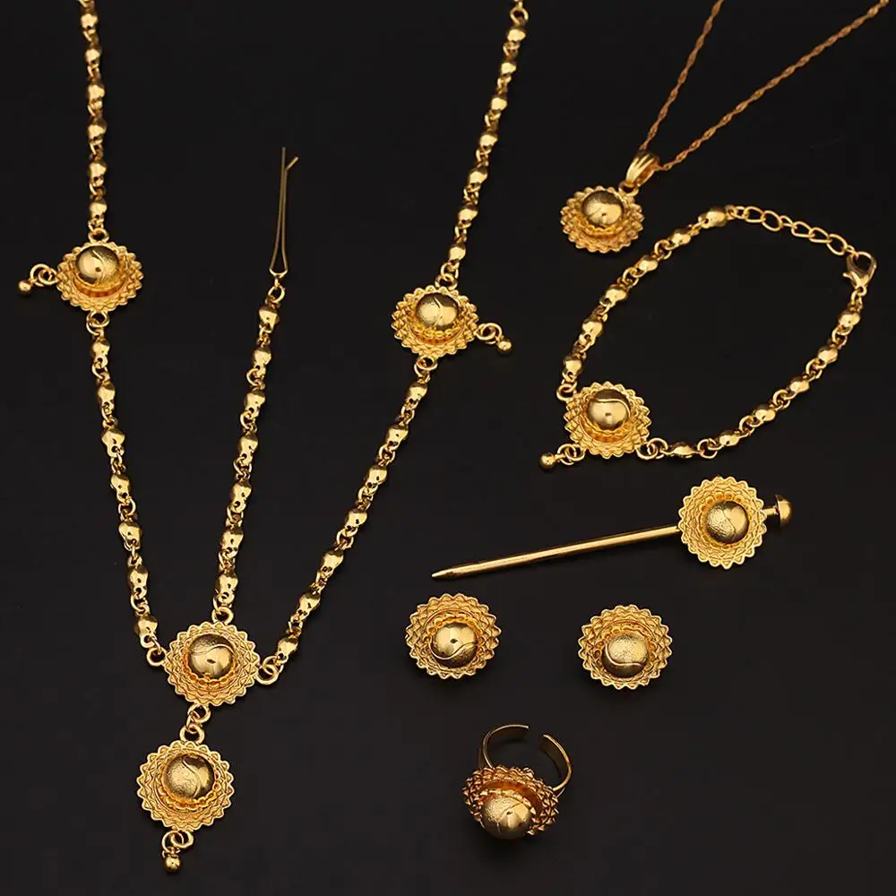 Ethiopian Gold Color Necklace Pendant Earrings Ring Hairpin Bracelet Hair Sudan Eritrea Christian Jewelry | Украшения и