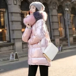 JuneLove шикарное зимнее пуховое пальто с меховым воротником и глянцевым капюшоном, Женская куртка большого размера, Толстая Теплая стеганая парка с хлопковой подкладкой, верхняя одежда - Цвет: PK