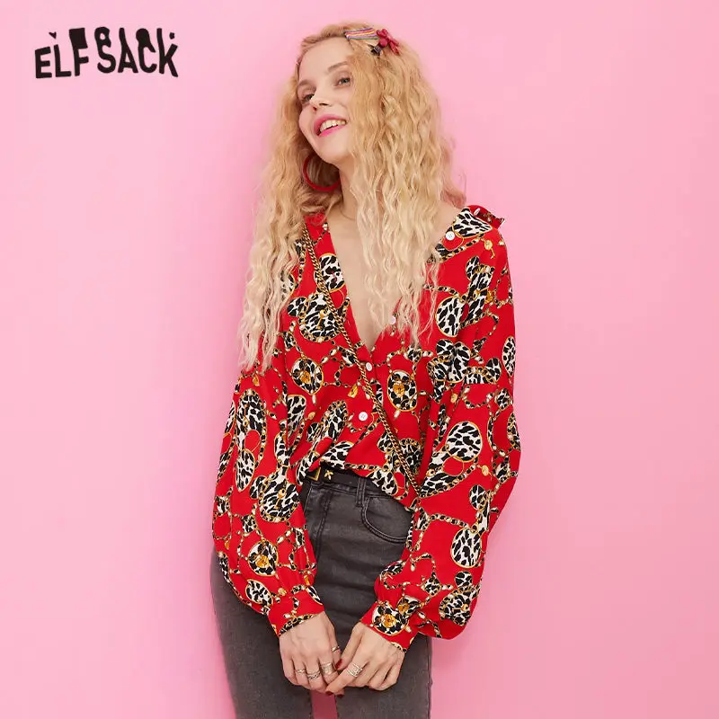 ELFSACK леопарда печати уличная Блузка с длинными рукавами рубашка женская одежда