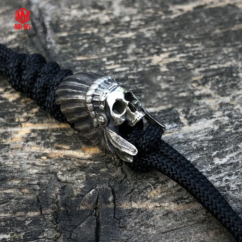 1PC Original Handmade Indian Skull  925 Silver EDC Paracord Beads Lanyard Pendants Knife Beads Umbrella Rope Cord Beads Pendants