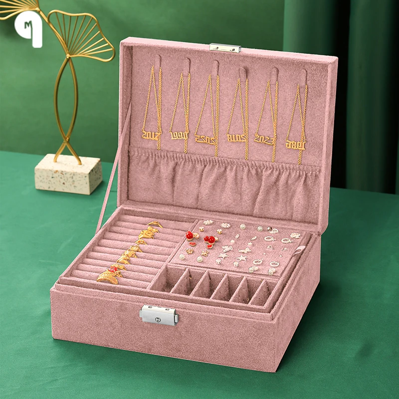 

QM 2-layer Pink фланель для ювелирных изделий Box boite a бижутерия Органайзер ожерелье хранение колец и сережек ювелирные коробки для женщин Подарки