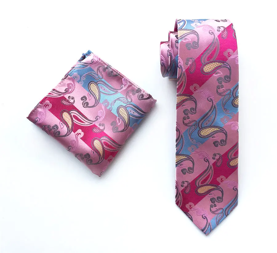 

New Design Men's Ties Set Designer Pink Paisley Striped Necktie with Pocket Square